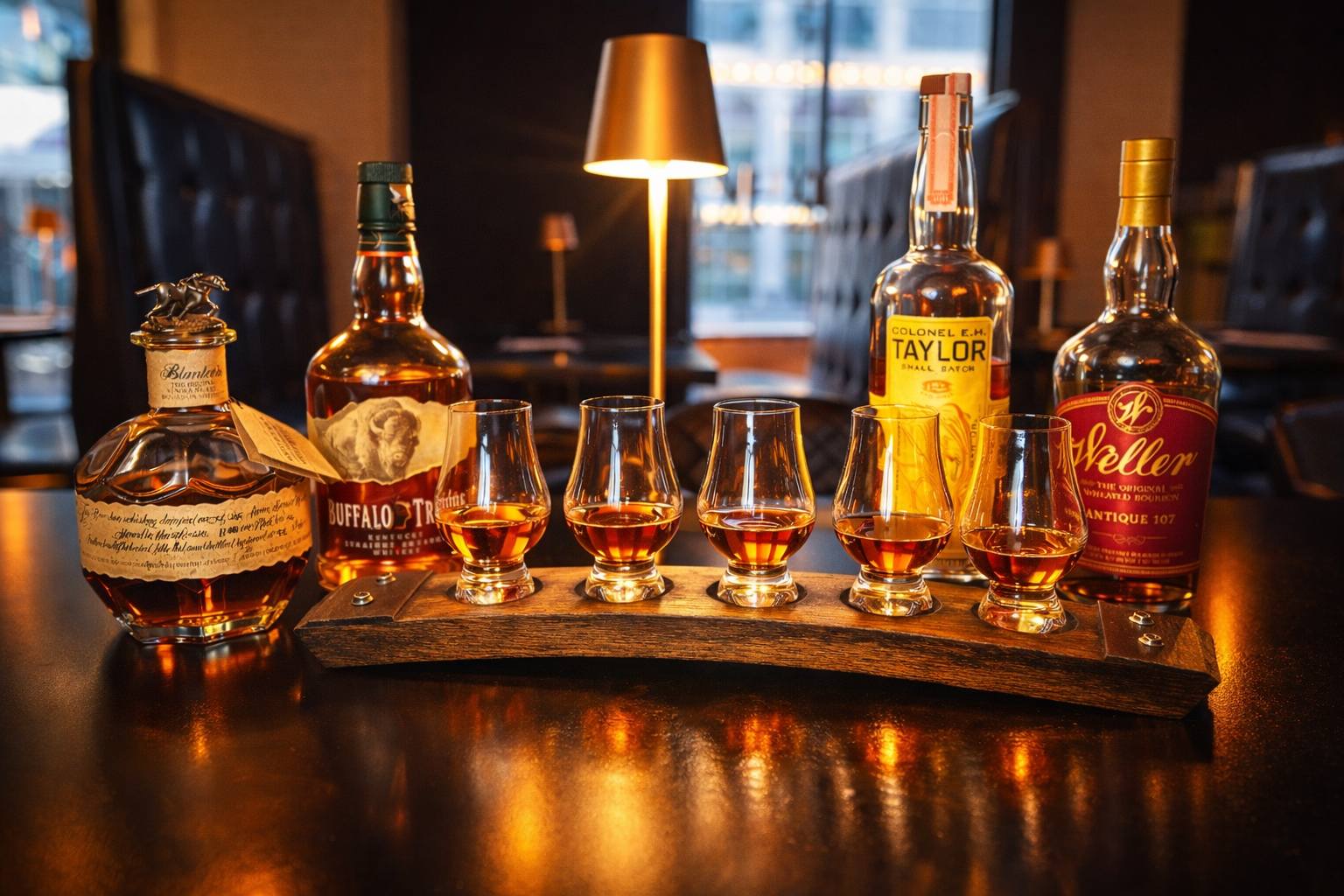Curated bourbon flight at CityWalk Eatery — premium whiskey selection Cedar Rapids